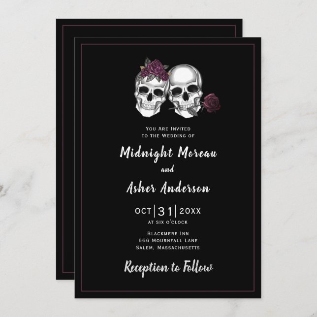 Skull Couple Roses Gothic Wedding Invitation (Front/Back)