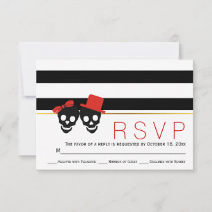 Skull couple, stripes red Halloween wedding RSVP Card