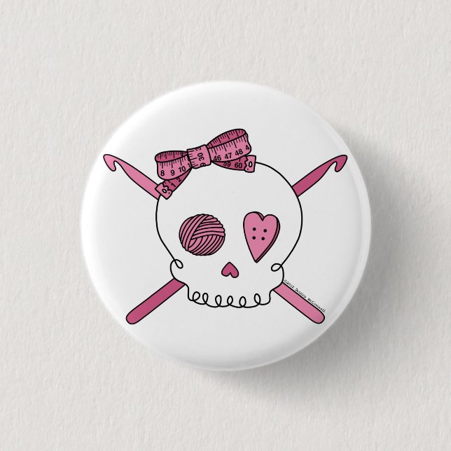 Skull & Crochet Hooks (Pink) 1 Inch Round Button (Front)