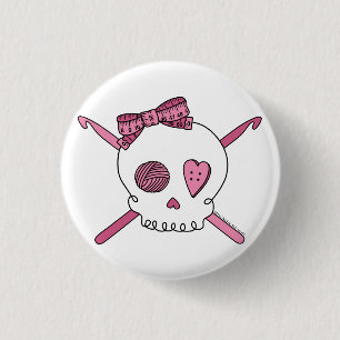 Skull & Crochet Hooks (Pink) 1 Inch Round Button