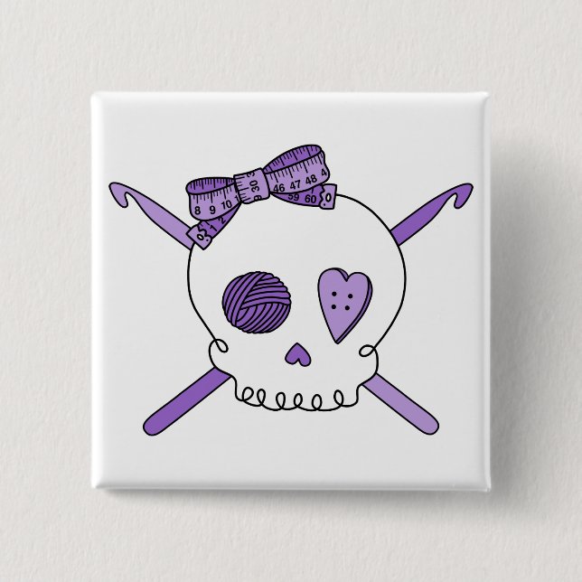 Skull & Crochet Hooks (Purple) 2 Inch Square Button (Front)