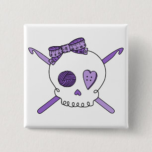 Skull & Crochet Hooks (Purple) 2 Inch Square Button