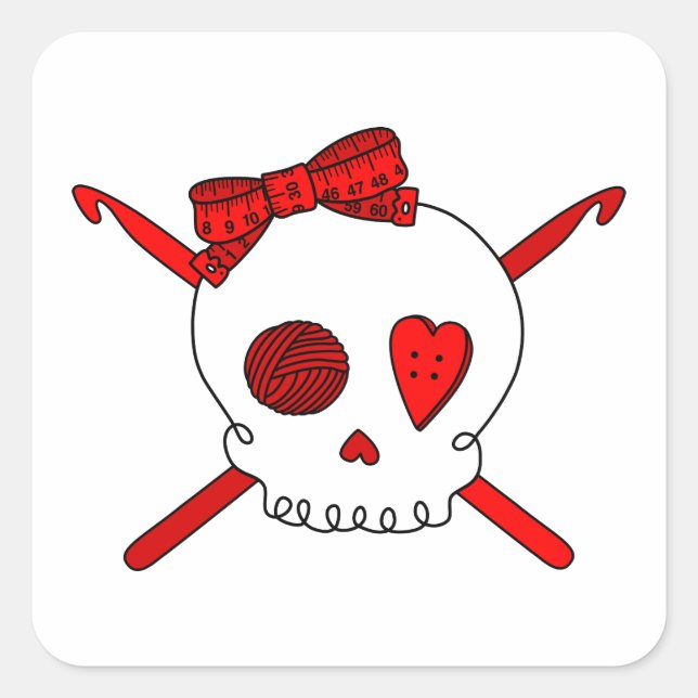 Skull & Crochet Hooks (Red) Square Sticker (Front)