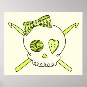 Skull & Crochet Hooks (Yellow Background) Poster
