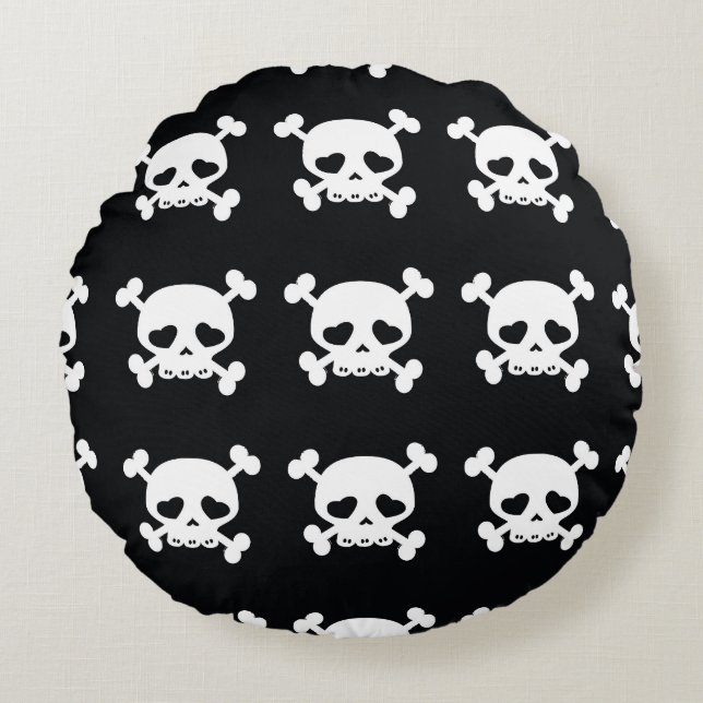 Skull Crossbones: Black-White Pattern. Round Pillow (Front)