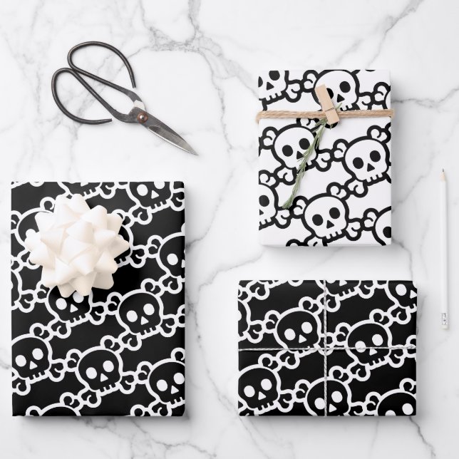 Skull Crossbones Black White Wrapping Paper Sheet (Front)