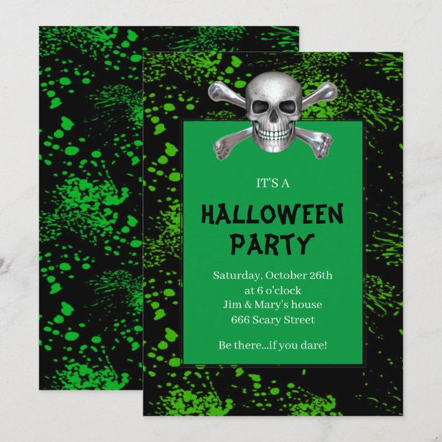 Skull Crossbones Green Splattered Halloween Party Invitation (Front/Back)