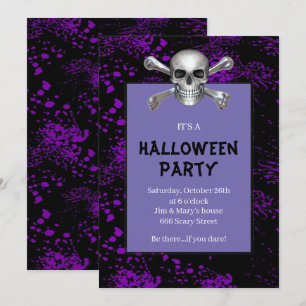 Skull Crossbones Purple Splattered Halloween Party Invitation