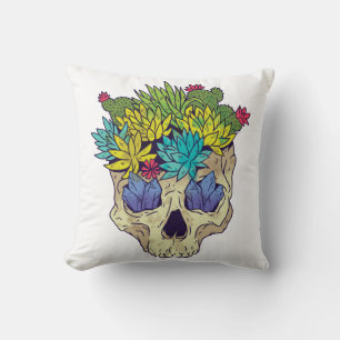 Skull, Crystals, Succulents, on Light Background Throw Pillow