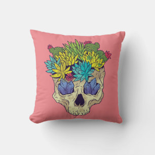 Skull, Crystals, Succulents With Pink Background Throw Pillow