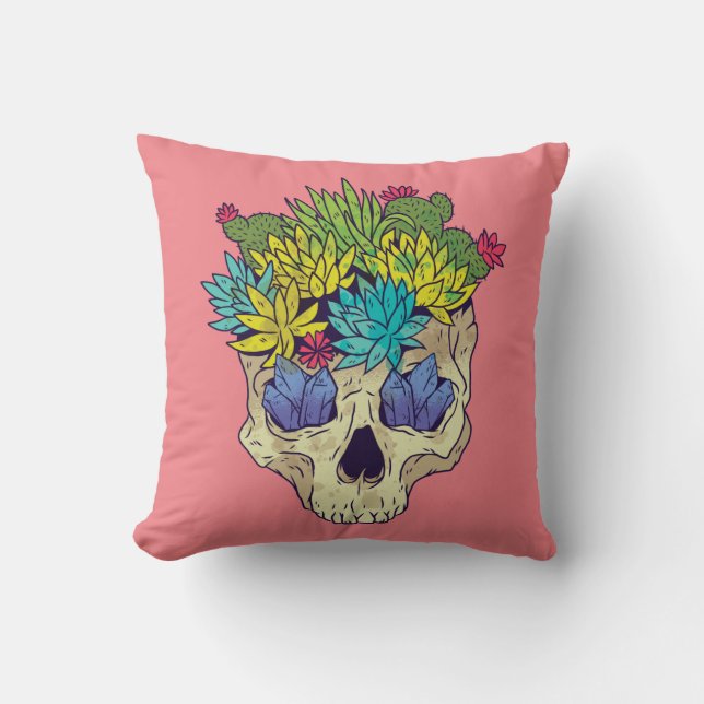 Skull, Crystals, Succulents With Pink Background Throw Pillow (Front)