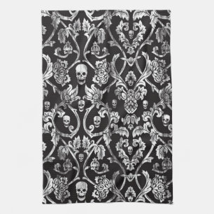 Skull damask in black and white. kitchen towel