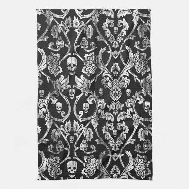 Skull damask in black and white. kitchen towel (Vertical)
