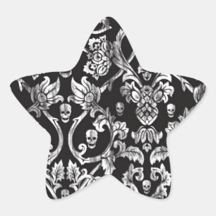 Skull damask in black and white. star sticker