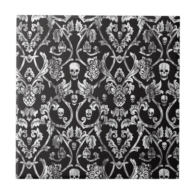 Skull damask in black and white. tile (Front)