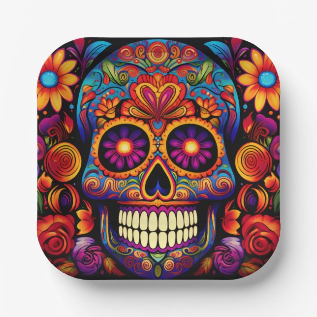 Skull Day of the Dead Colourful Paper Paper Plate (Front)