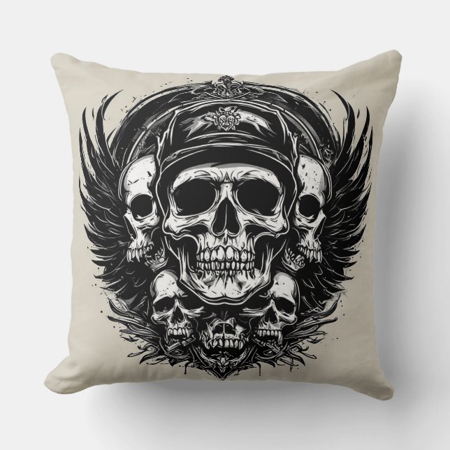 Skull Design Featuring Wings and Symbols Throw Pillow (Front)