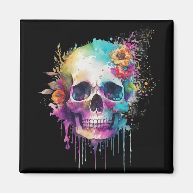 Skull design with colourful splatters magnet (Front)