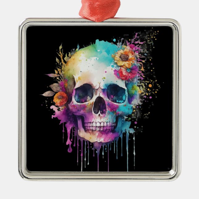 Skull design with colourful splatters metal ornament (Front)
