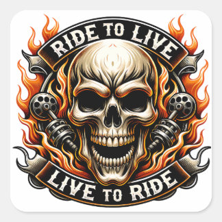 Skull Design With Flames and Motorcycle Elements Square Sticker