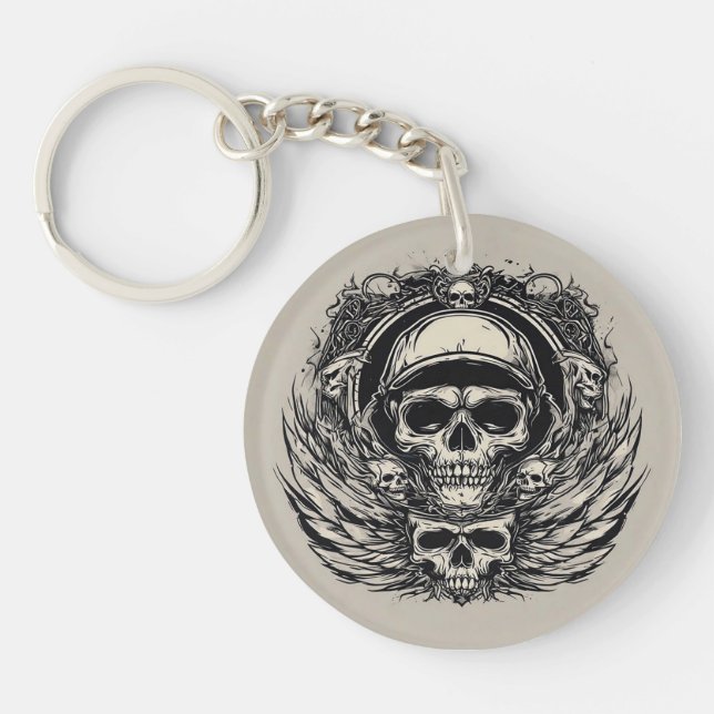 Skull Design with Wings and Symbols Keychain (Front)