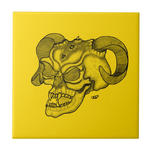 Skull Devil head Black and Yellow Design Tile (Front)