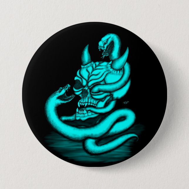 Skull - Devil Head with Snake 3 Inch Round Button (Front)