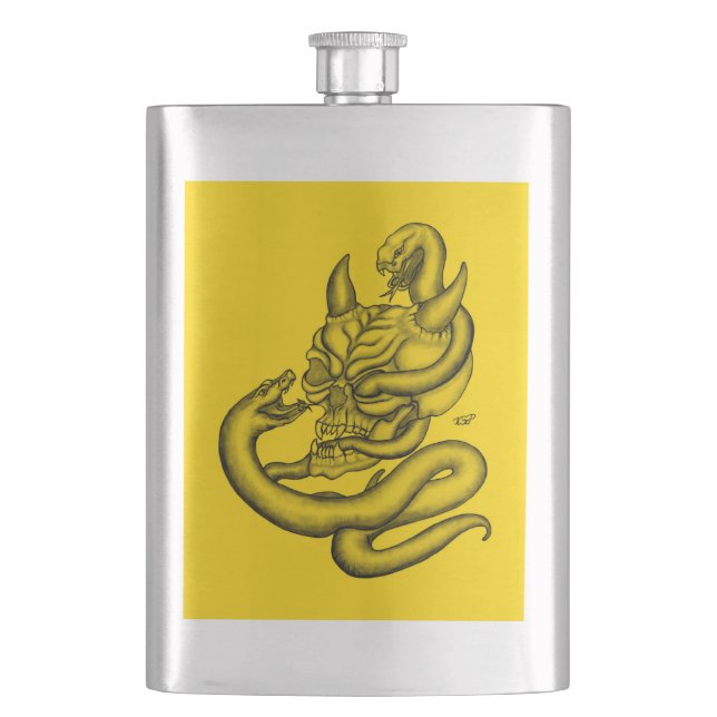 Skull - Devil Head with Snake Hip Flask (Front)