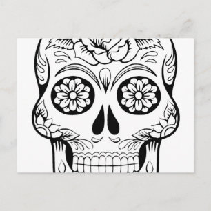 Skull drawing with black ink in white background postcard