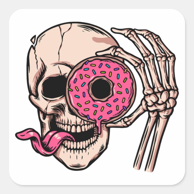 Skull Face With Doughnut dark humour  sweet and so Square Sticker (Front)