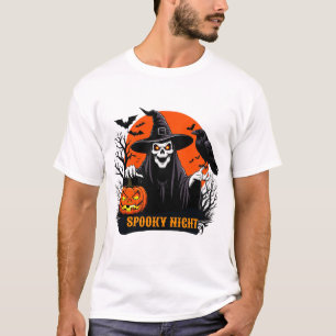 Skull Faced Witch And Crow Halloween Night 🦇 T-Shirt