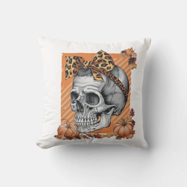 Skull Fall Bow Halloween Throw Pillow (Front)