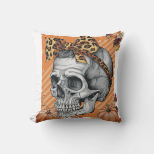 Skull Fall Bow Halloween Throw Pillow