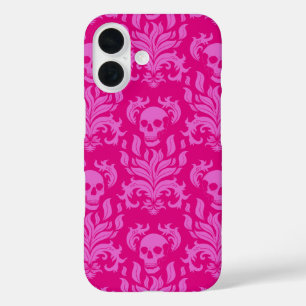 Skull Flame Damask in bubblegum pink on hot pink iPhone 16 Case