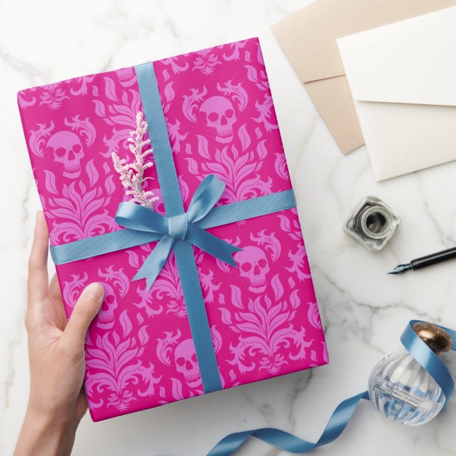 Skull Flame Damask in bubblegum pink on hot pink Wrapping Paper (Gifting)