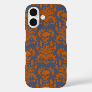 Skull Flame Damask in clashing orange on blue grey iPhone 16 Case