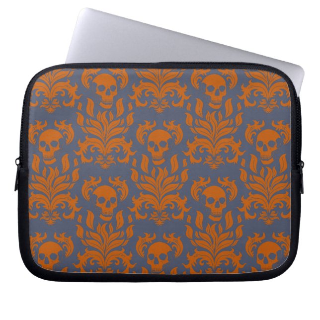 Skull Flame Damask in clashing orange on blue grey Laptop Sleeve (Front)