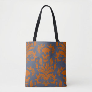 Skull Flame Damask in clashing orange on blue grey Tote Bag