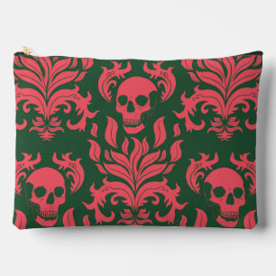 Skull Flame Damask in clashing pink on dark green Accessory Pouch