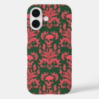 Skull Flame Damask in clashing pink on dark green