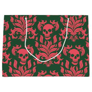 Skull Flame Damask in clashing pink on dark green Large Gift Bag