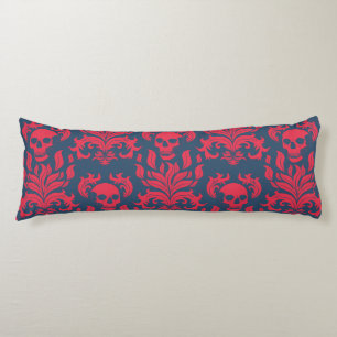 Skull Flame Damask in clashing red on blue Body Pillow