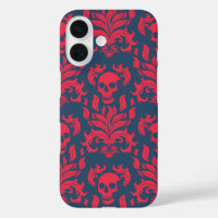 Skull Flame Damask in clashing red on blue