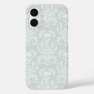 Skull Flame Damask in classic white on white iPhone 16 Case
