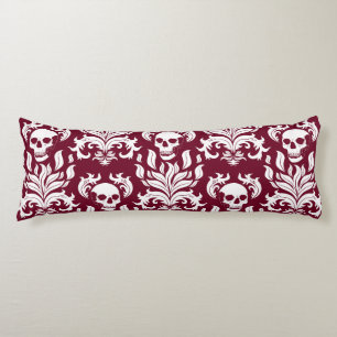 Skull Flame Damask in crisp white on deep red Body Pillow