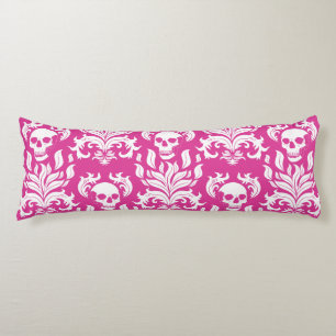Skull Flame Damask in crisp white on hot pink Body Pillow
