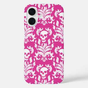Skull Flame Damask in crisp white on hot pink iPhone 16 Case