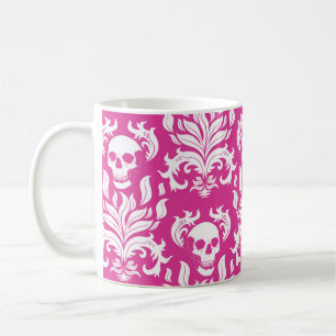 Skull Flame Damask in crisp white on hot pink Coffee Mug