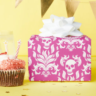 Skull Flame Damask in crisp white on hot pink Wrapping Paper