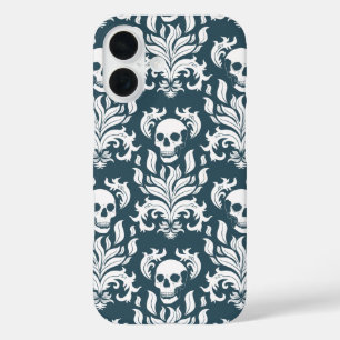 Skull Flame Damask in crisp white on slaty blue iPhone 16 Case